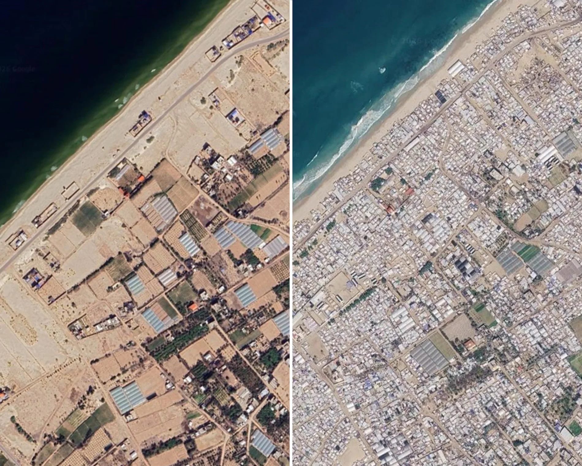 Satellite comparison of al-Mawasi in 2023 and 2026